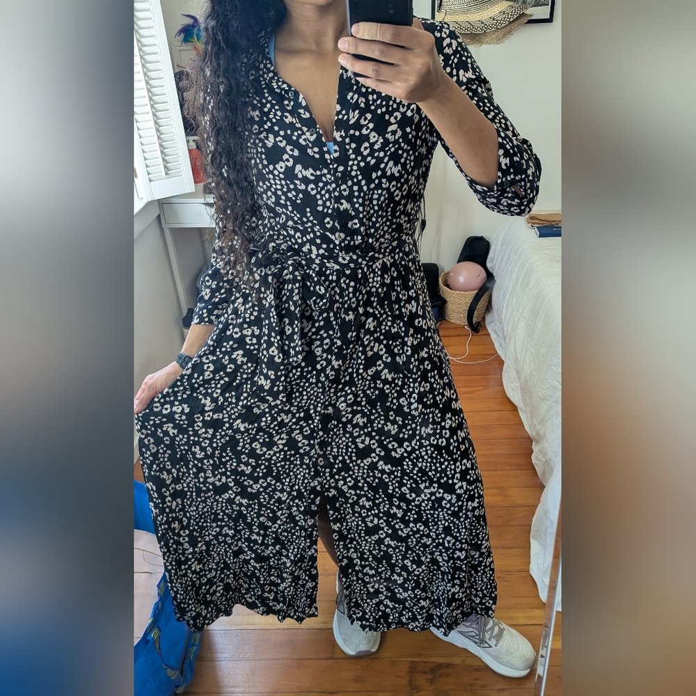 Zara Black and White Floral Tie-Waist Maxi Dress